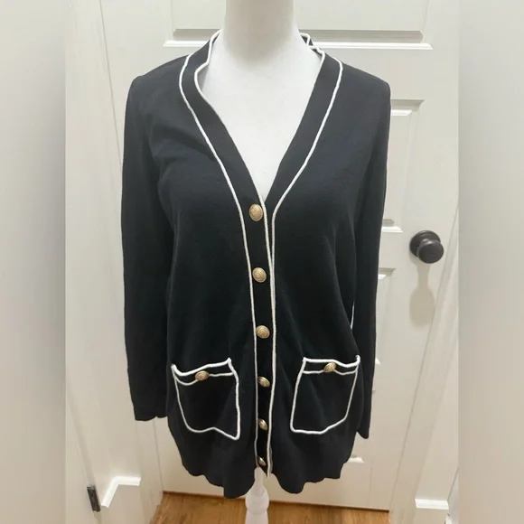 L'AGENCE. Black & White Ronny Piped Wool and Cotton Cardigan. Size Medium. - Picture 3 of 10